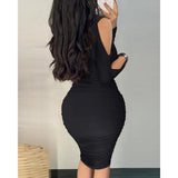 Llyge Women Rhinestone Decor Cold Shoulder Ruched Bodycon Dress 2023 Autumn Long Sleeve Hollow Out  Party Evening Dress