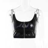 Llyge Halloween Punk PU High Street Personality Zipper Solid Color Tank Top Gothic Harajuku Aesthetic Slim Sling Crop Tank Leather Caims
