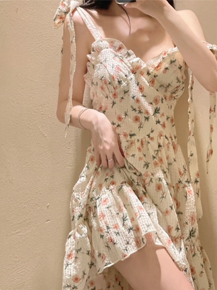 Llyge Casual Beach Straps Dress Women Slim 2022 Summer Sweet Elegant Y2k Mini Dress Fairy Sleeveless Floral One Piece Dress Korean
