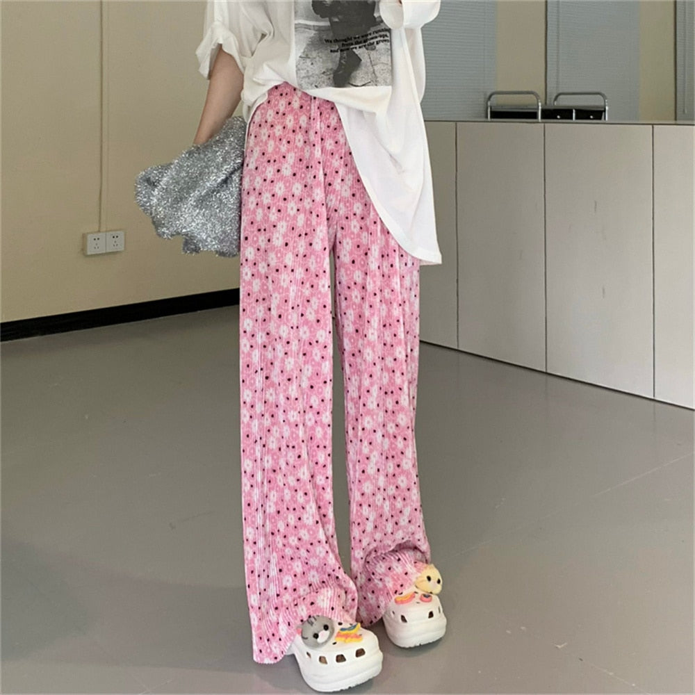 Llyge Pink Florals High Quality Pants Hot Women Summer Printed Loose Chic All Match Casual Streetwear Office Lady Work Wear