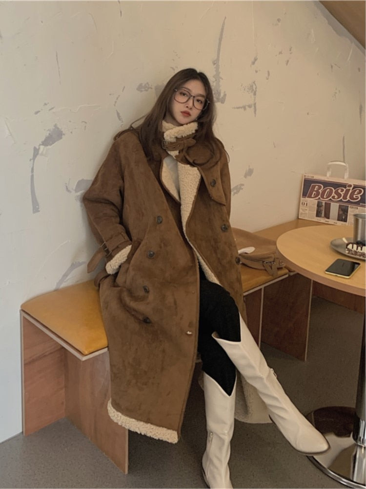 Llyge Women Mid-Length Imitation Lambwool Coat Female Winter 2022 Korean Style Loose Plus Velvet Thick Motorcycle Jacket