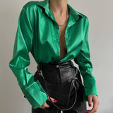 Llyge  Graduation party  Women Satin Blouses 2023 Spring Green Fashion Long Sleeve Shirts Button Up V Neck Lapel Casual Office Lady Clothing Vintage