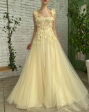 LLYGE 2023 Sunset Yellow Prom Dresses Floral Straps A Line Corset Formal Evening Gowns Tea Party Graduation Dress