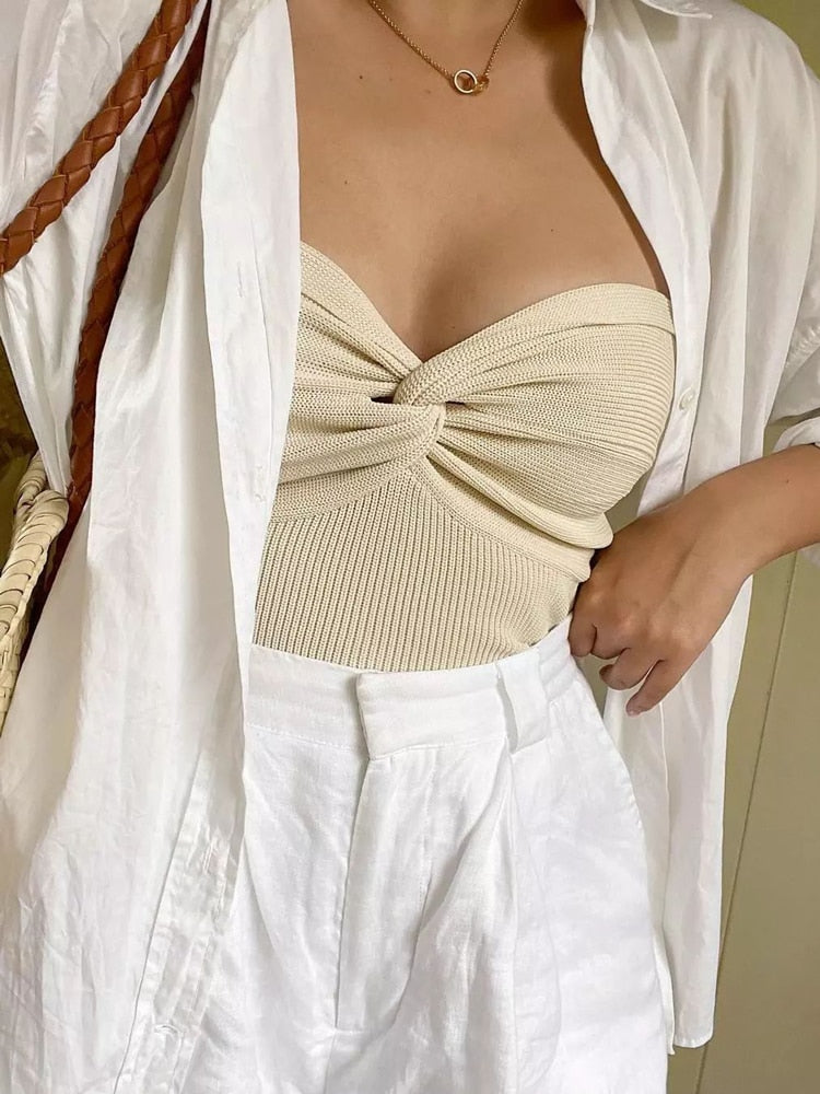 Llgye Knit Tube Tops Women Twist Knot Strapless Corset Summer Tank Tops Off Shoulder Crop Top Bustier Casual Vest Female Streetwear