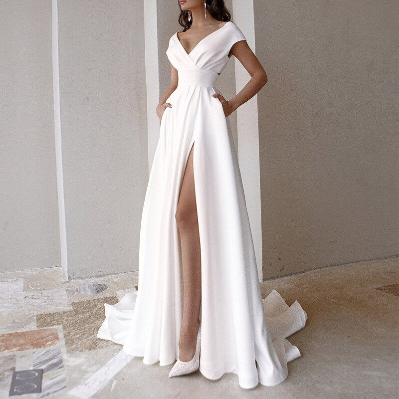 llyge Women's Dresses Sexy V-neck Side Slit Backless White Long Skirt Wedding Banquet Bridesmaid Dress Evening Gown