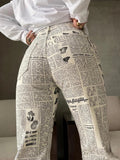 LLYGE Woman Fashion Beige Print Straight Pants Spring Chic High Waisted Button Pants Girls Cool Streetwear Patchwork Trousers