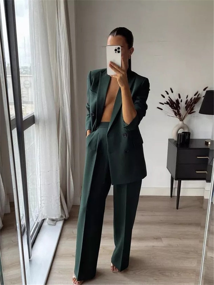 LLYGE Woman Elegant Dark Green Straight Blazer Suits 2023 Autumn Female Solid Basic Matching Set Ladies Medium Waisted Pants Suit