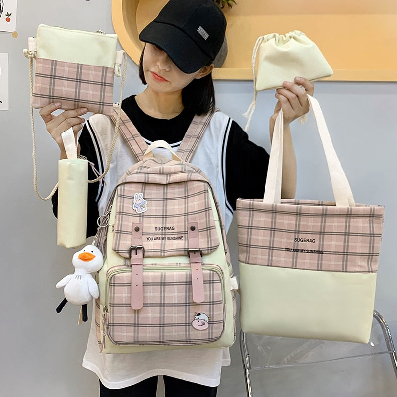 Llyge 5 Set Women Backpack Harajuku Nylon School Bags For Teenage Girls Boys Kawaii College Student Kids Book Bagpack Laptop Rucksack