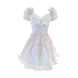 Llyge French Vintage Mini Dress Women Kawaii Clothing Lolita Dress Even Party Female 2023 Summer Short Sleeve Fairy Floral Dress Chic