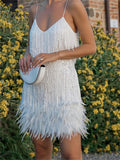 Llgye Women Evening Party Club Dress Spaghetti Strap V Neck Sequin Tassel Feather Hem Short Dresses Summer Elegant  Dresses