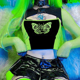 Llyge Halloween Techwear Cyber Gothic Aesthetic 2 Piece Sets Butterfly Print Patchwork Women Camis Punk Fishnet Buckle Crop Shrug Tops