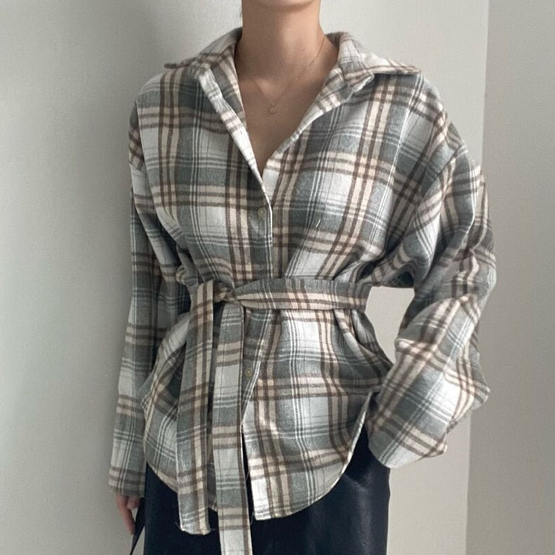 Llyge  Graduation party  Women Plaid Blouses Vintage Long Sleeve Casual Shirts with Belt 2023 Spring Autumn Outwear Female Turn-Down Collar Tops