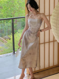 Llyge Summer Women Spaghetti Strap Elegant Midi Satin Dresses Wedding Evening Birthday Holiday Backless Prom Clothes New