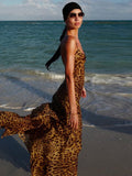 LLYGE Leopard Print V-Neck  Bodycon Long Dress Women Lace Up Backless Summer Dresses Female Straps Party Beach Vestidos