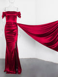 Graduation Prom Llyge New Women Off the Shoulder Fashion Burgundy Prom Gown Satin Stretch Backless Ruched Ribbon Slit Maxi Evening Party Dress 2023