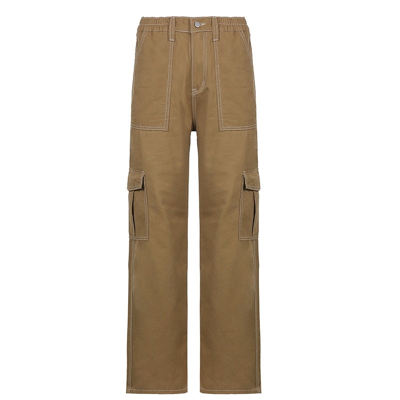 Llyge Vintage Solid Cargo Pants Baggy Jeans Women Fashion Streetwear Pockets Wide Leg High Waist Straight Y2k Denim Trousers Overalls