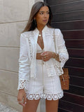 Boho Vintage Openwork Crochet Detail Cotton White Shorts Sets Shirt Tops And High Waist Shorts Two Piece Set Women Clothing 2023