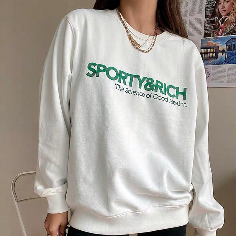 LLYGE 2023 Autumn American Vintage Sporty&Rich Letters Print White Cool Women Pullover Round Neck Cotton Loose Sport Couples Clothes