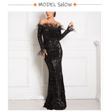 Graduation Prom Llyge Sparkle Burgundy Feathers Sequin Maxi Cocktail Dress Mermaid Off The Shoulder Long Sleeve Stretch Wedding Party Gown Winter