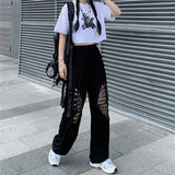 Llyge Summer High Street Style High-Waisted Gothic Loose Wide Leg Trousers Casual Hip-Hop Hollow  Show Legs Long Retro Ulzzang