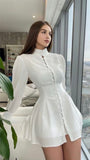 LLYGE 2023 Women Elegant Party Evening Midi Dress Lady Fashion Long Sleeve Stand Collar Corset Shirt Dress Slim White Button Dress