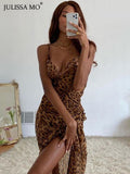 LLYGE Leopard Print V-Neck  Bodycon Long Dress Women Lace Up Backless Summer Dresses Female Straps Party Beach Vestidos