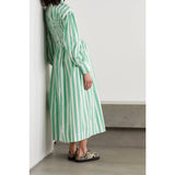 LLYGE Women Dress France 2022 New Striped Pleated Shirt Dress Mid-Length Green Maxi Dress
