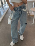 Llyge Vintage Asymmetrical Waist Hole Straight Jeans Womens Loose Denim Pants 2024 Casual Wide Leg Pants Streetwear Mom Jeans