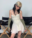 Llyge 2022 Y2K Fairy Grunge Front Hook Closures White Cami Dress 90S E-Girl Aesthetics Cute Irregular Hem Backless Mini Dress Grunge