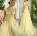 LLYGE 2023 Sunset Yellow Prom Dresses Floral Straps A Line Corset Formal Evening Gowns Tea Party Graduation Dress
