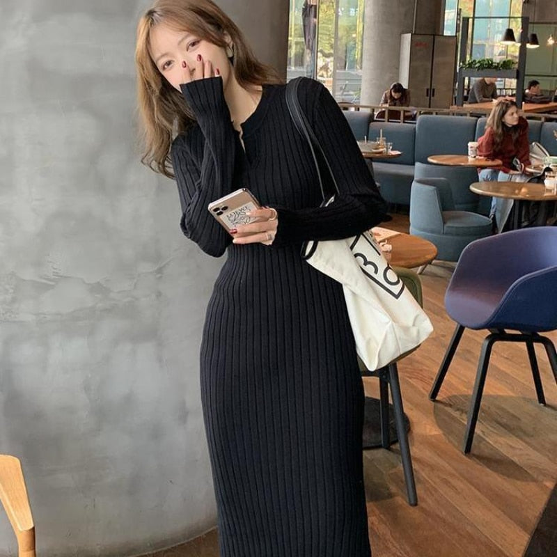Llyge Cheap Casual Women's Sweater Dresses Black Long Sleeve Midi Bodycon Wrap Korean  Vintage Female Knit Dress Autumn Winter New