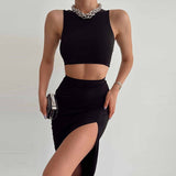 LLYGE  2023 Hollow Out Beachwear Two Pieces Suit Women Spaghetti Strap Sleeveless High Split Skirt Sets Summer  Suit