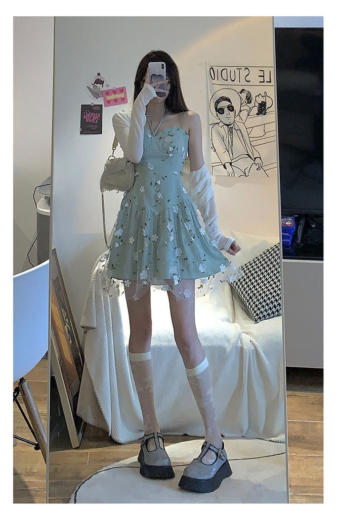 Llyge Fairy 2 Piece Dress Set Fashion Suits Floral Mini Strap Dress Party Long Sleeve Blouse + Beach Corset Dress Korean 2022 Summer