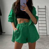 Llyge 1 Set Woman Tracksuit Blazer Top Drawstring Shorts Set Solid Color Summer Single-Breasted Lapel Casual Outwear Short Suits