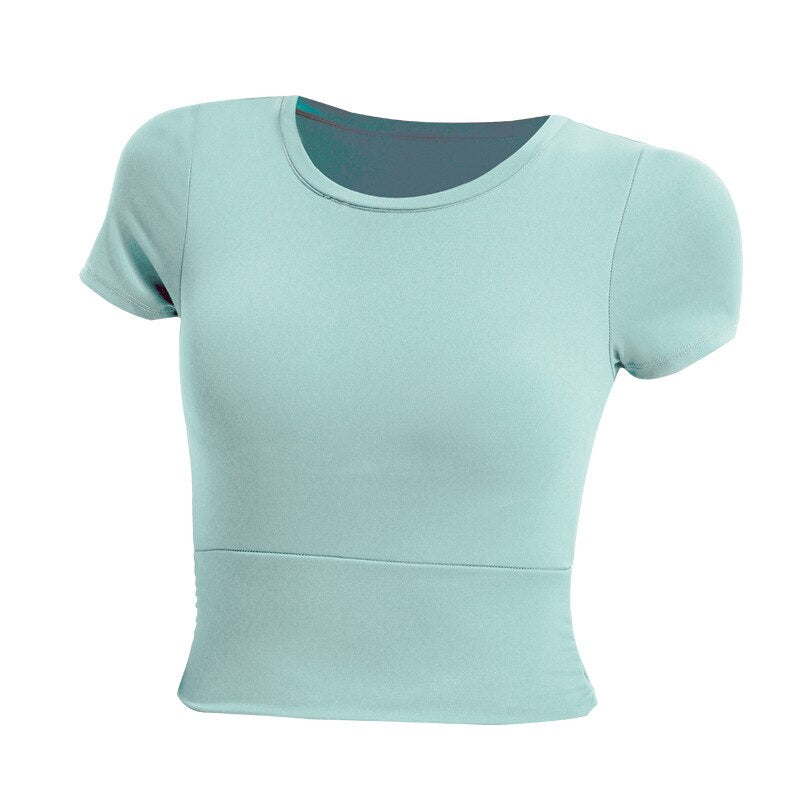 Llyge 2023  New Women Gym Crop Tops Yoga Top with Chest Pad Women's Short Yoga Shirt Tight-fitting  Slim Short-sleeved Fitness Suit