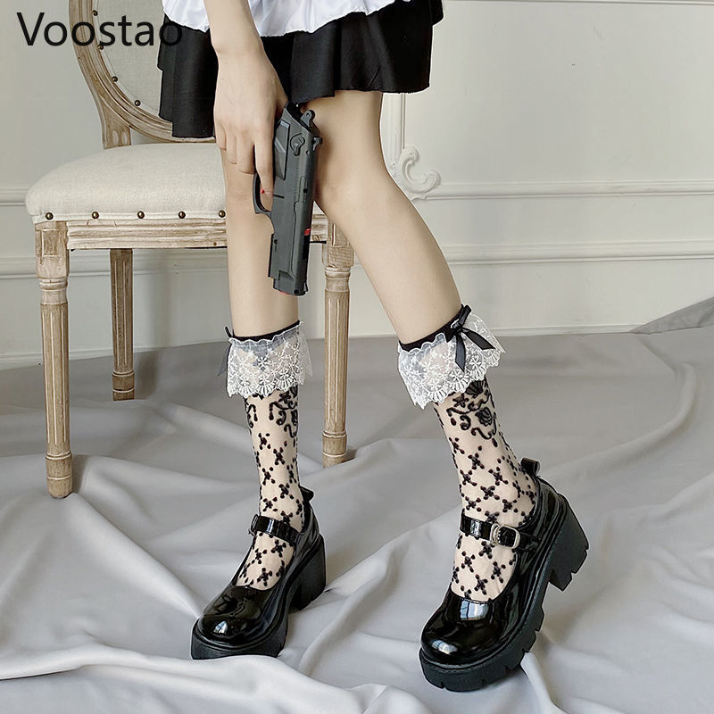 Llyge  Graduation Party Japanese Gothic Lolita Socks Kawaii Girl Bowknot Transparent JK Uniform Tube Socks Cosplay Women Harajuku Y2k Princess Socks