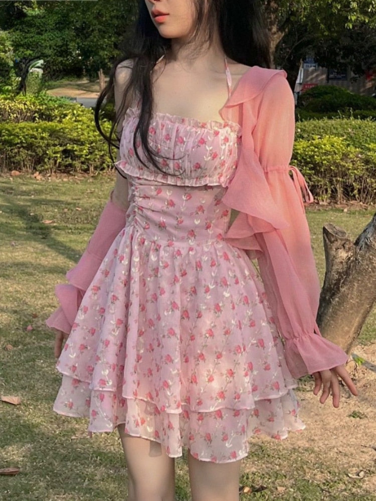 Llyge Sweet Short Party Dress Women Chic Floral Print Sleeveless Slim  Korean Fashion Mini Dress Kawaill Club Summer Dress 2023