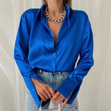 Llyge 2023 Graduation party  Green Long Sleeve Top Women Satin Blouse and Shirts 2023 Fashion Blue Elegant Autumn Summer Casual Top Shirt Lady Office Vintage