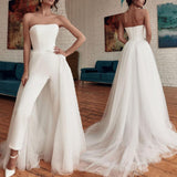 LLYGE Strapless Beach Jumpsuit Wedding Dresses With Detachable Train 2023 Backless White Bridal Gown Slip Pants Party Causle Jumpsuit