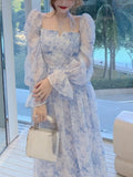 Llyge Fairy Floral Midi Dress Women Long Sleeve Evening Party Dress Casual Elegant One Piece Dress Korean Fashion 2022 Summer Beach