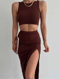 LLYGE  2023 Hollow Out Beachwear Two Pieces Suit Women Spaghetti Strap Sleeveless High Split Skirt Sets Summer  Suit