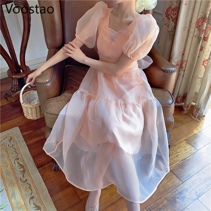 Gentle Sweet Lolita Style Dress Women Elegant Vintage Bow Lace-Up V-Neck Puff Sleeve Fairy Dress Girls Pink Party Midi Dresses