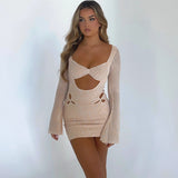 Llyge  Textured Sexy Cut Out Mini Dress Elegant Outfits for Women Flare Sleeve Bodycon Dresses Party Club Spring Clothes