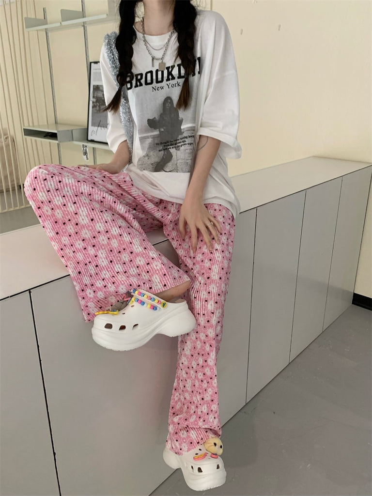 Llyge Pink Florals High Quality Pants Hot Women Summer Printed Loose Chic All Match Casual Streetwear Office Lady Work Wear