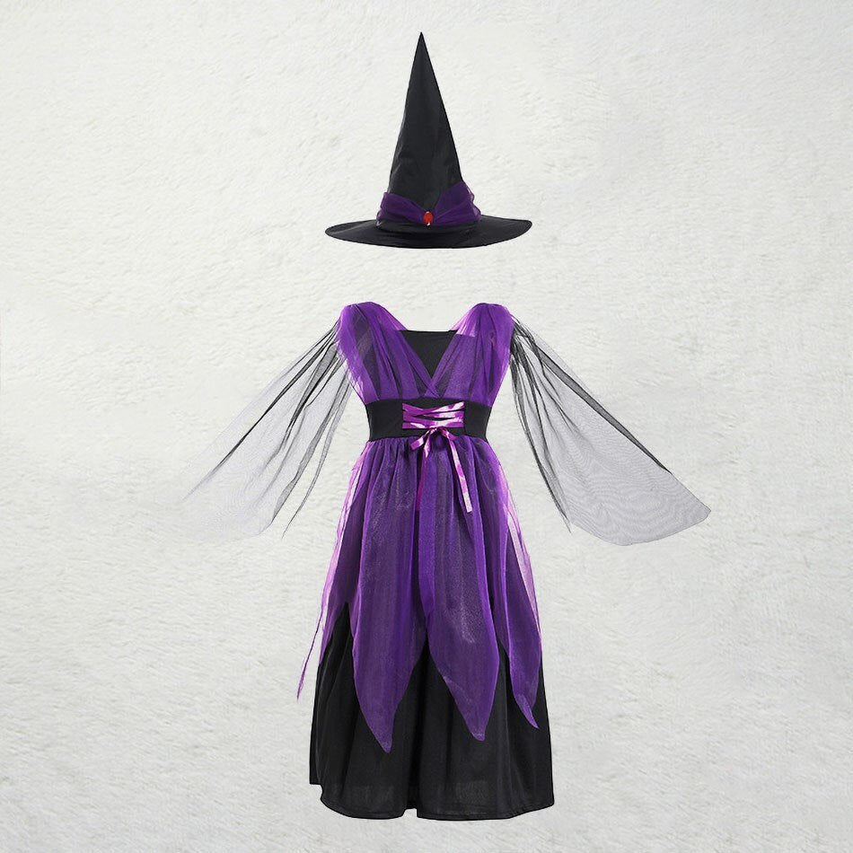 LLYGE Baby Witch Costume Girls Halloween Outfits Children Party Pumpkin Dress With Hat Kids Black Wizard Fairytale Bat Spider Clothes