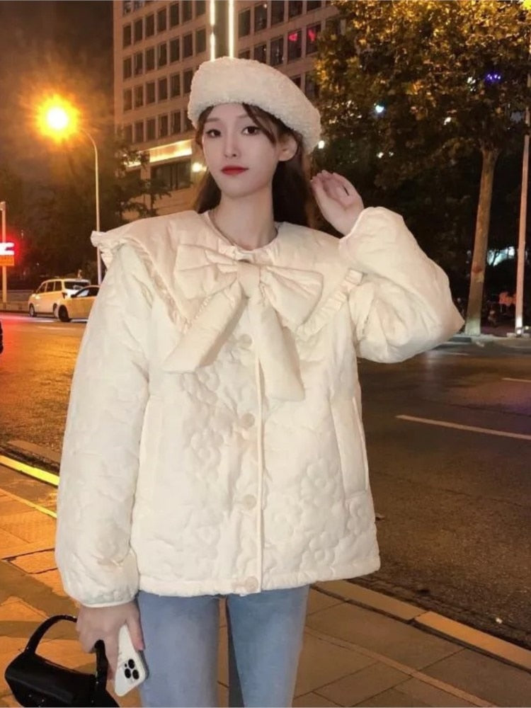 Llyge  Cute Lolita Jacket Women Winter Tea Party Horn Button Female Kawaii Coat Parkas Bow Casacos De Inverno Feminino Tangada