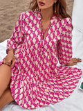 Elegant Pink Geometric Printed Tie Neck A Line Dress Women Fashion Ruffle Hem  Mini Smock Dress Summer Female Long Sleeve Robe