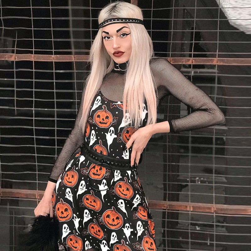 Llyge Halloween Y2K Pumpkin Print Halloween Dress Spaghetti Strap  Vintage Fashion Fairy Grunge E Girl Streetwear Goth Festive Dress