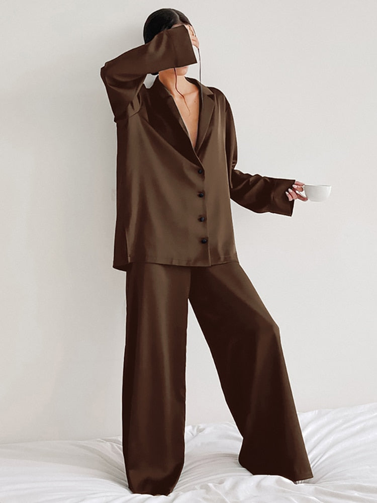 Llyge Loose Sleepwear Female 2 Piece Set Oversized Satin Turn Down Collar Long Sleeve Tops Casual Women Sets With Pants 2023
