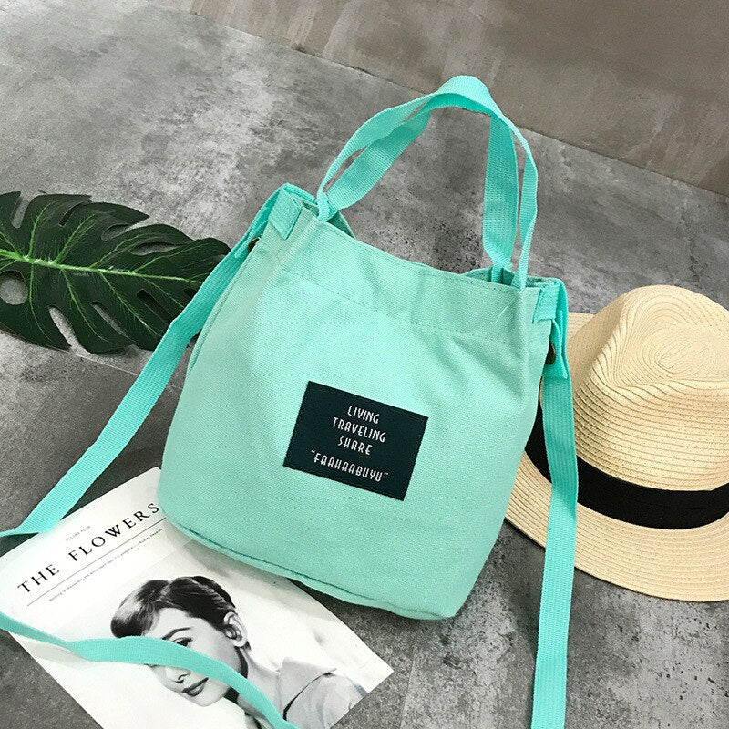 Llyge New Explosions Japanese Literary Simple Letter Canvas Female Slung Shoulder Bag Small Bucket Bag Green Shopping Bag